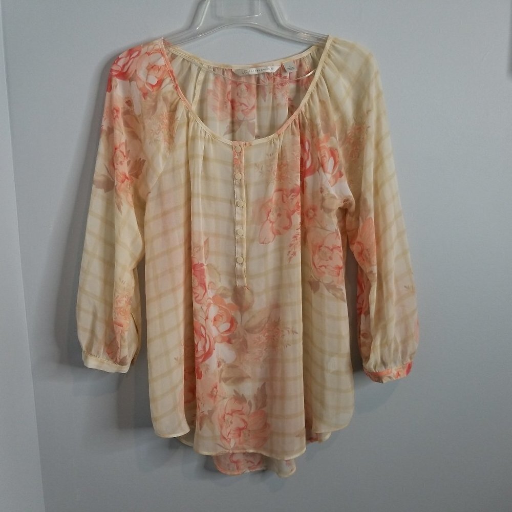 Lauren Conrad Sheer Blouse Balloon Sleeve Peach Floral